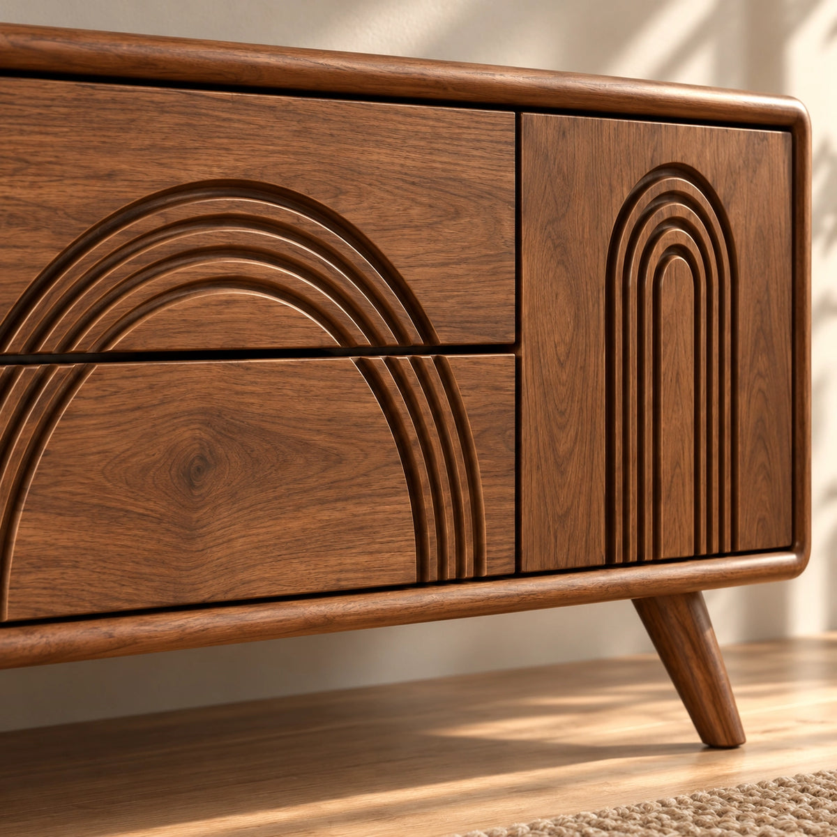 TV Stand with Arched Relief Carving in Natural Solid Wood for Living - Rustiracraft - 6