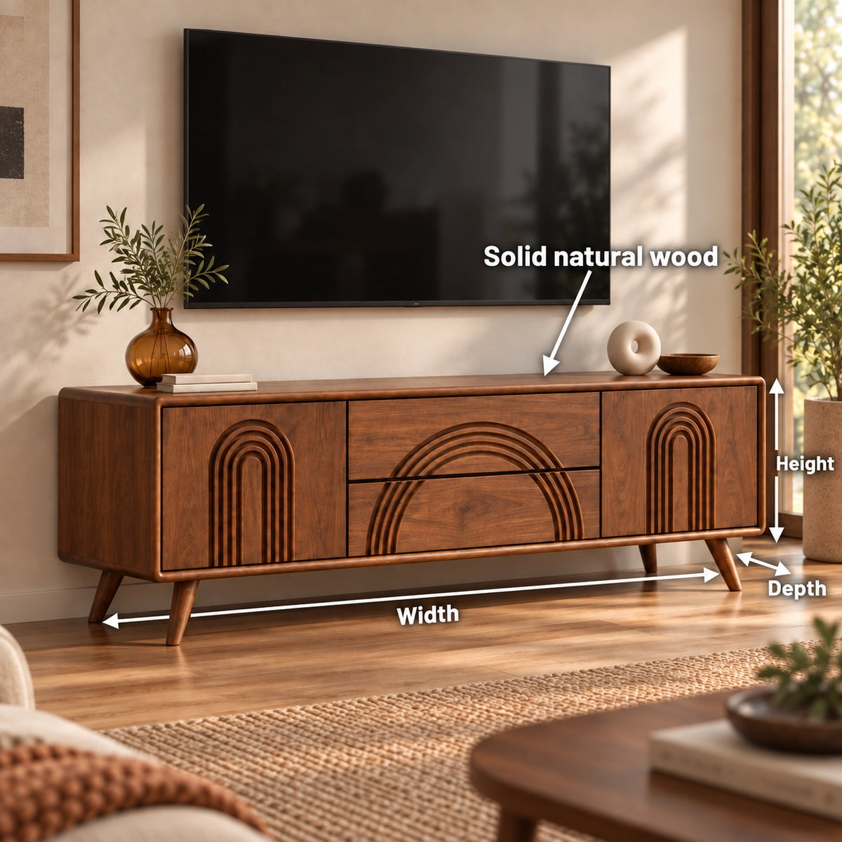 TV Stand with Arched Relief Carving in Natural Solid Wood for Living - Rustiracraft - 7