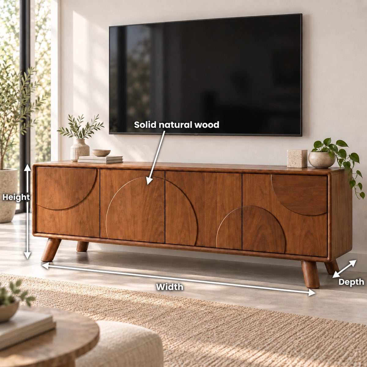TV Stand with Biomorphic Cabinet Doors in Natural Solid Wood for Six Sizes - Rustiracraft - 7