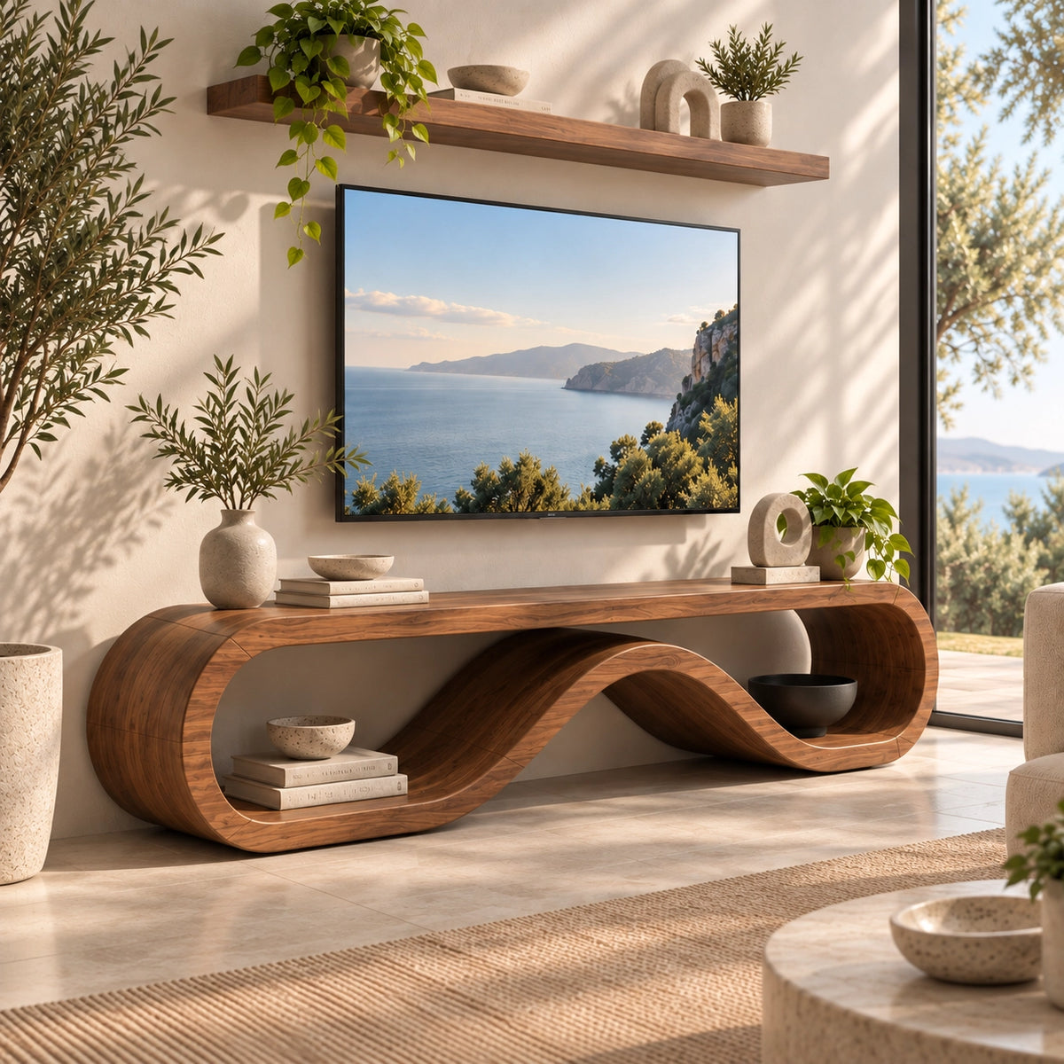 TV Stand with Biomorphic Curved Openings in Natural Solid Wood for Living - Rustiracraft - 1