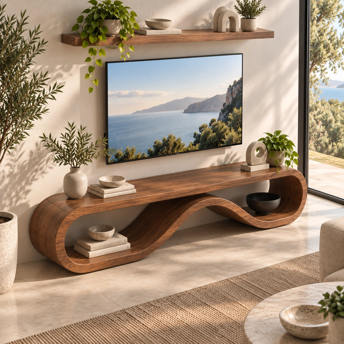 TV Stand with Biomorphic Curved Openings in Natural Solid Wood for Living - Rustiracraft - 4