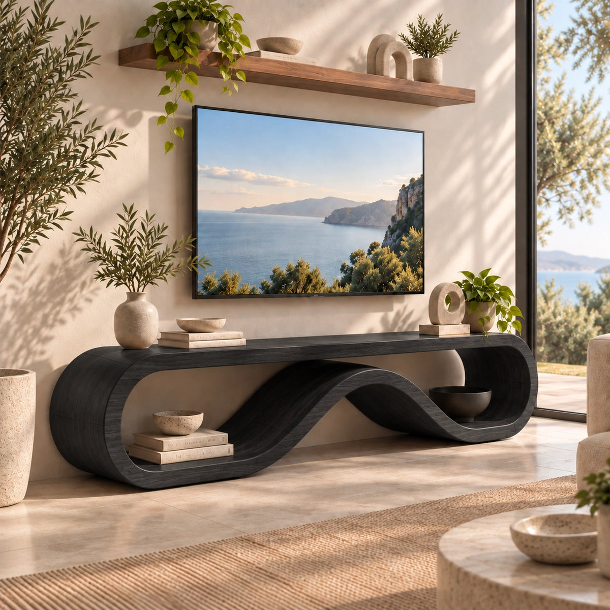 TV Stand with Biomorphic Curved Openings in Natural Solid Wood for Living - Rustiracraft - 7