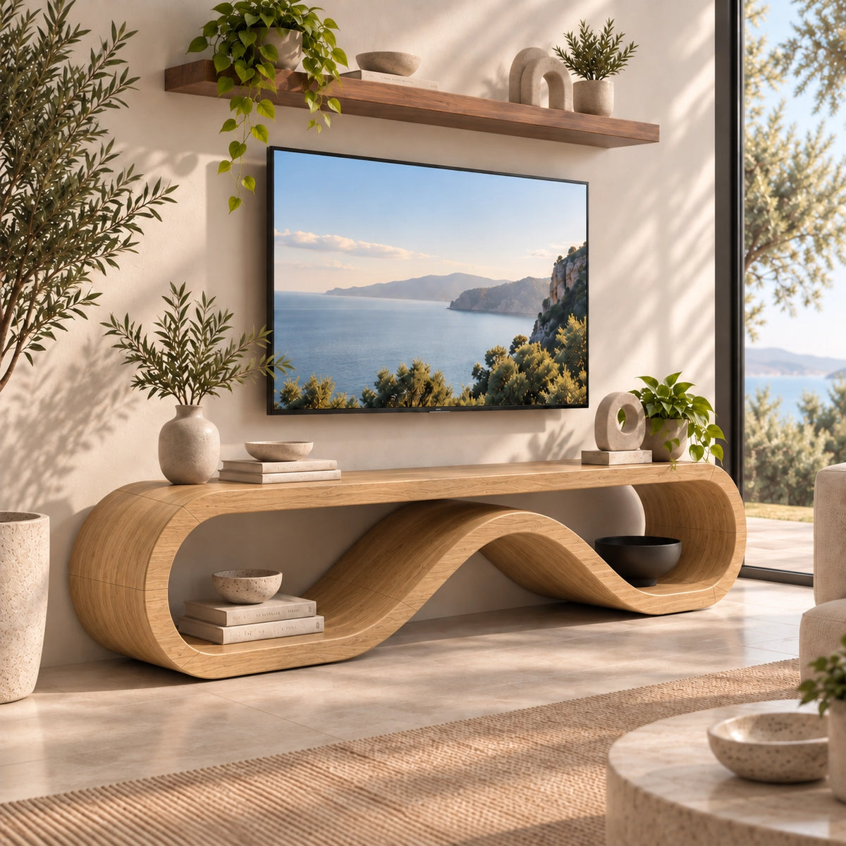 TV Stand with Biomorphic Curved Openings in Natural Solid Wood for Living - Rustiracraft - 8