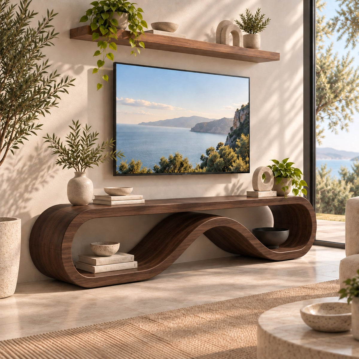 TV Stand with Biomorphic Curved Openings in Natural Solid Wood for Living - Rustiracraft - 9