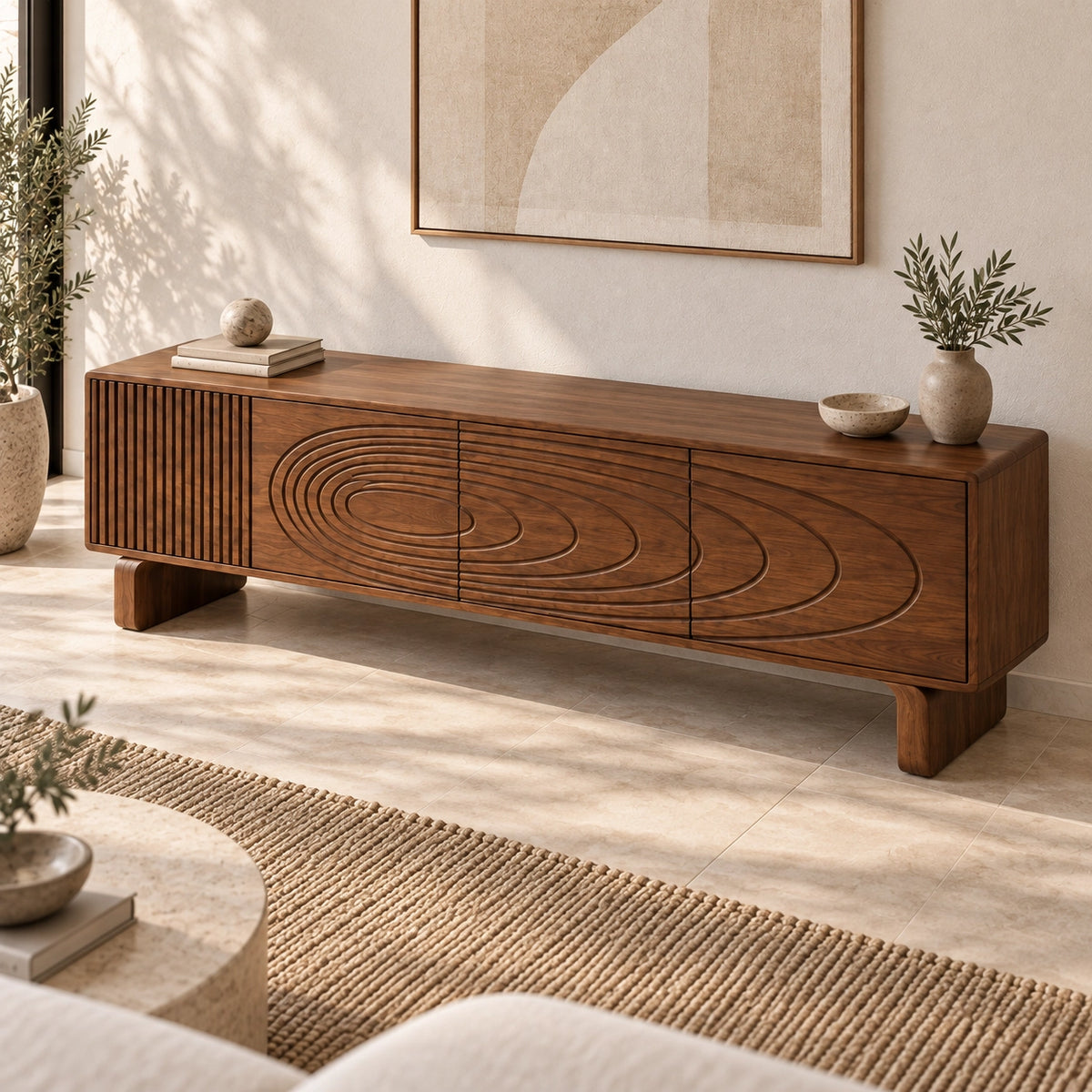 TV Stand with Concentric Carved Design in Natural Solid Wood for Six Sizes - Rustiracraft - 5