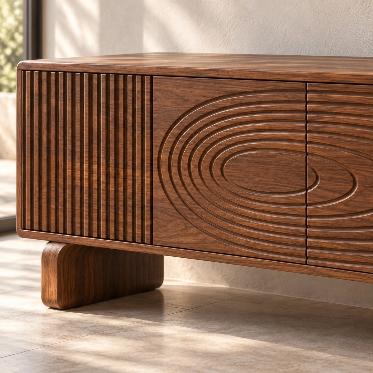 TV Stand with Concentric Carved Design in Natural Solid Wood for Six Sizes - Rustiracraft - 6
