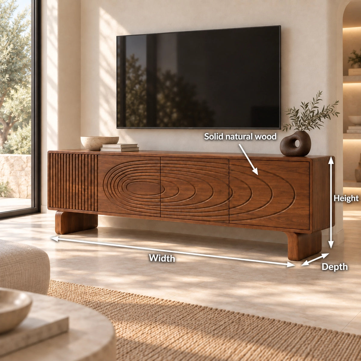 TV Stand with Concentric Carved Design in Natural Solid Wood for Six Sizes - Rustiracraft - 7