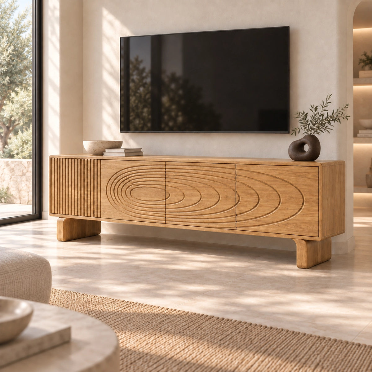 TV Stand with Concentric Carved Design in Natural Solid Wood for Six Sizes - Rustiracraft - 9