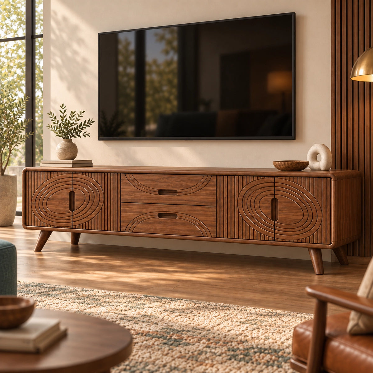 TV Stand with Concentric Carved Doors and Drawers in Natural Solid Wood - Rustiracraft - 1