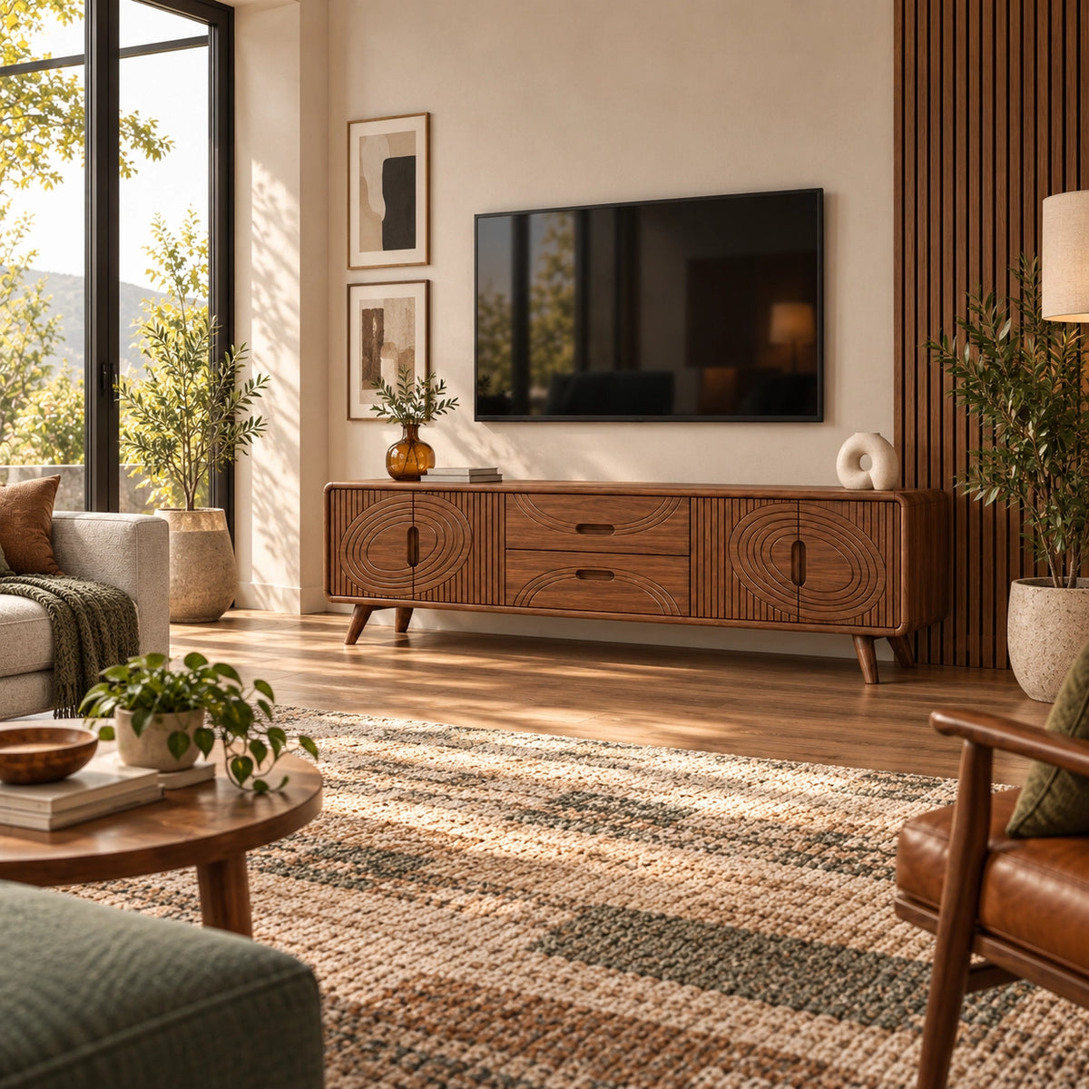 TV Stand with Concentric Carved Doors and Drawers in Natural Solid Wood - Rustiracraft - 2