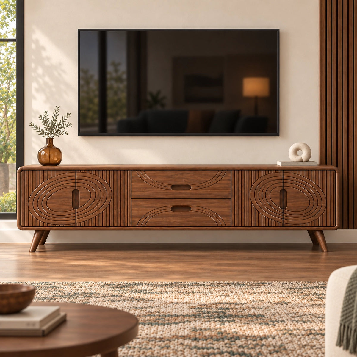 TV Stand with Concentric Carved Doors and Drawers in Natural Solid Wood - Rustiracraft - 3