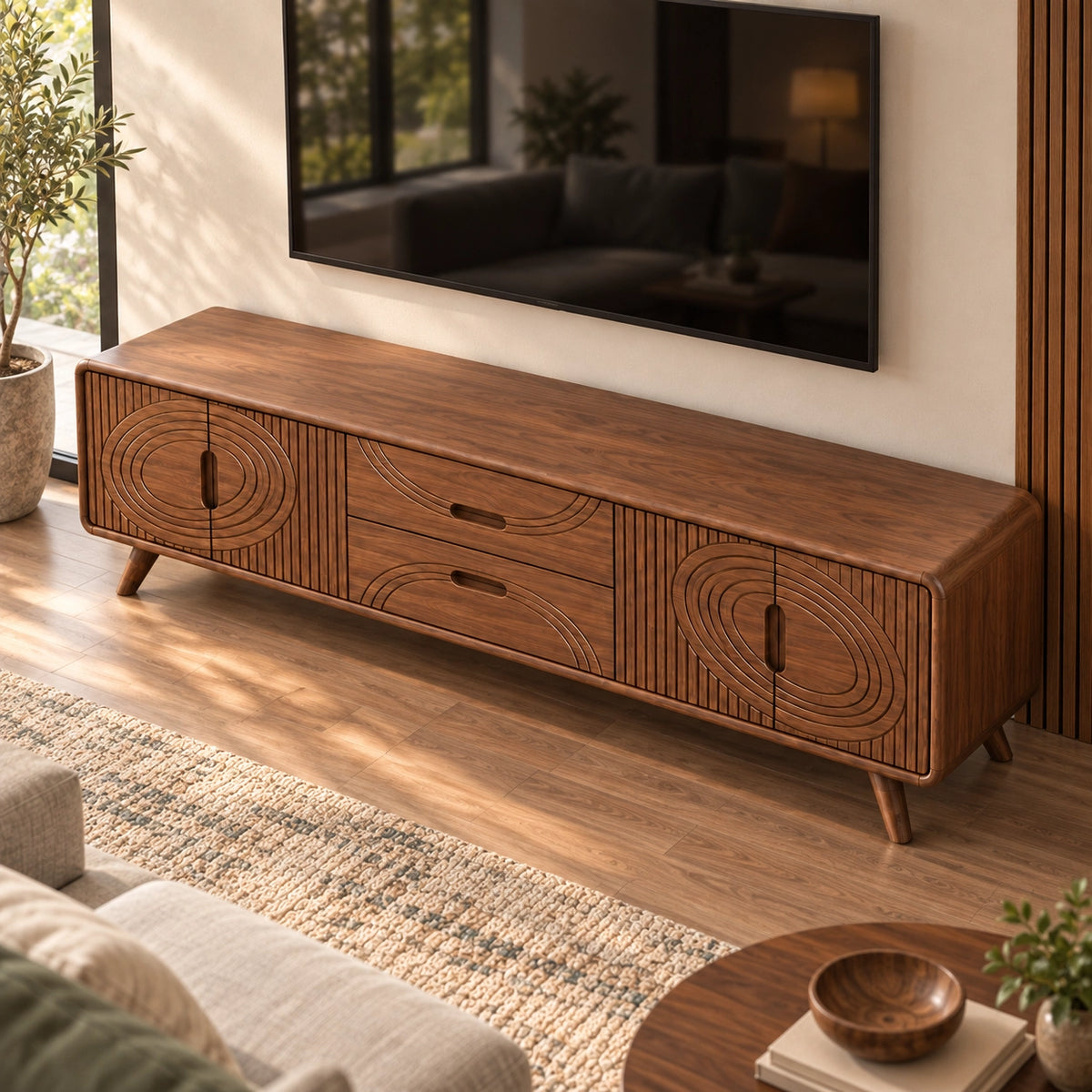 TV Stand with Concentric Carved Doors and Drawers in Natural Solid Wood - Rustiracraft - 4