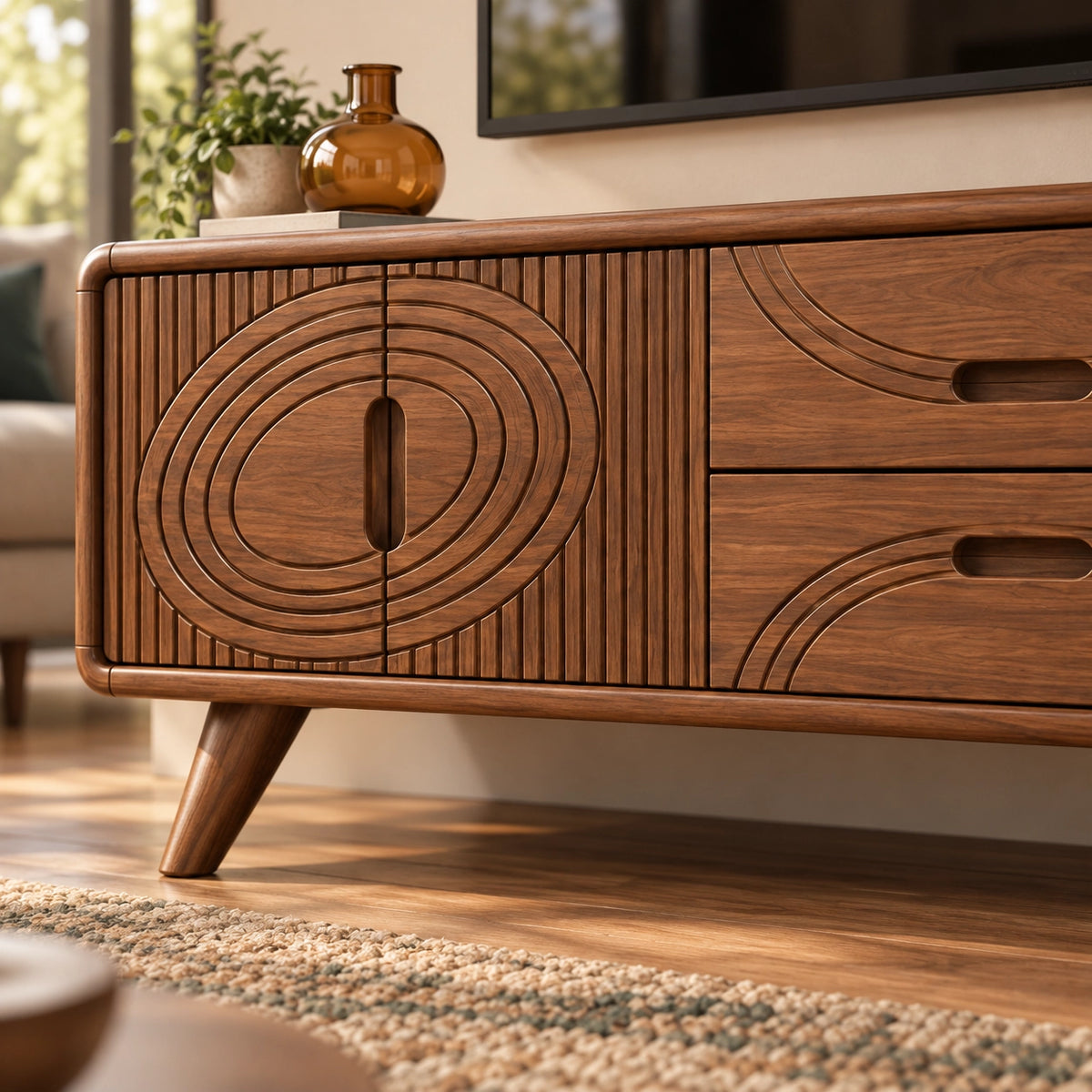 TV Stand with Concentric Carved Doors and Drawers in Natural Solid Wood - Rustiracraft - 5