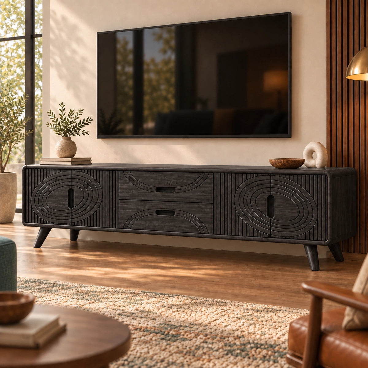 TV Stand with Concentric Carved Doors and Drawers in Natural Solid Wood - Rustiracraft - 7