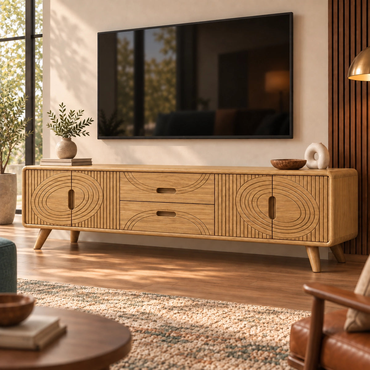 TV Stand with Concentric Carved Doors and Drawers in Natural Solid Wood - Rustiracraft - 8