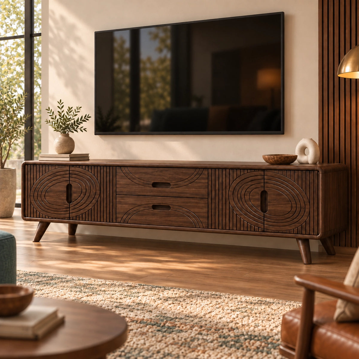TV Stand with Concentric Carved Doors and Drawers in Natural Solid Wood - Rustiracraft - 9
