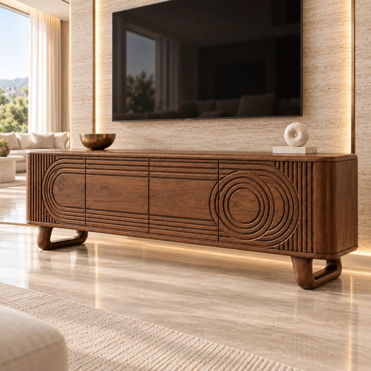 TV Stand with Concentric Carved Doors in Natural Solid Wood for Living - Rustiracraft - 1