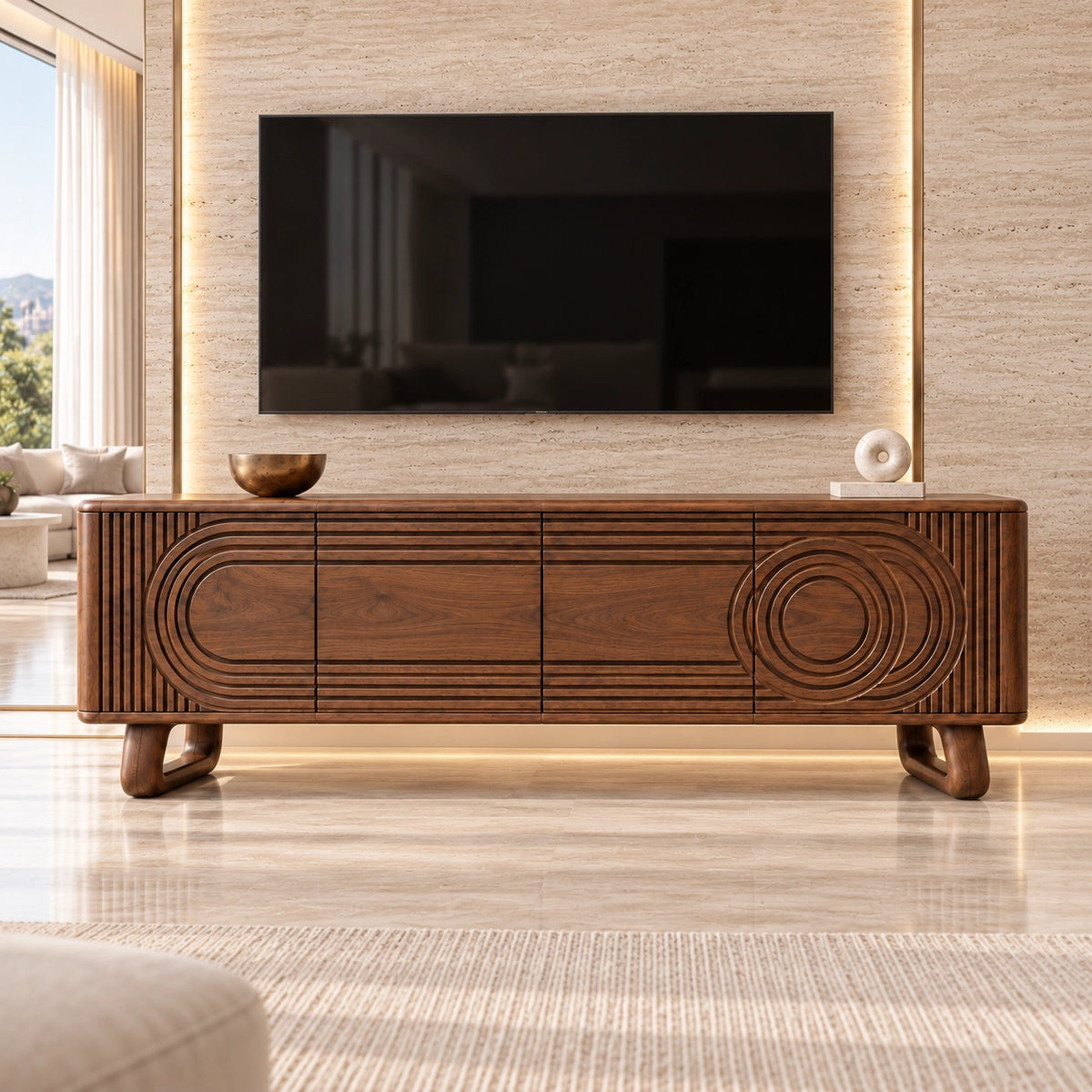 TV Stand with Concentric Carved Doors in Natural Solid Wood for Living - Rustiracraft - 3