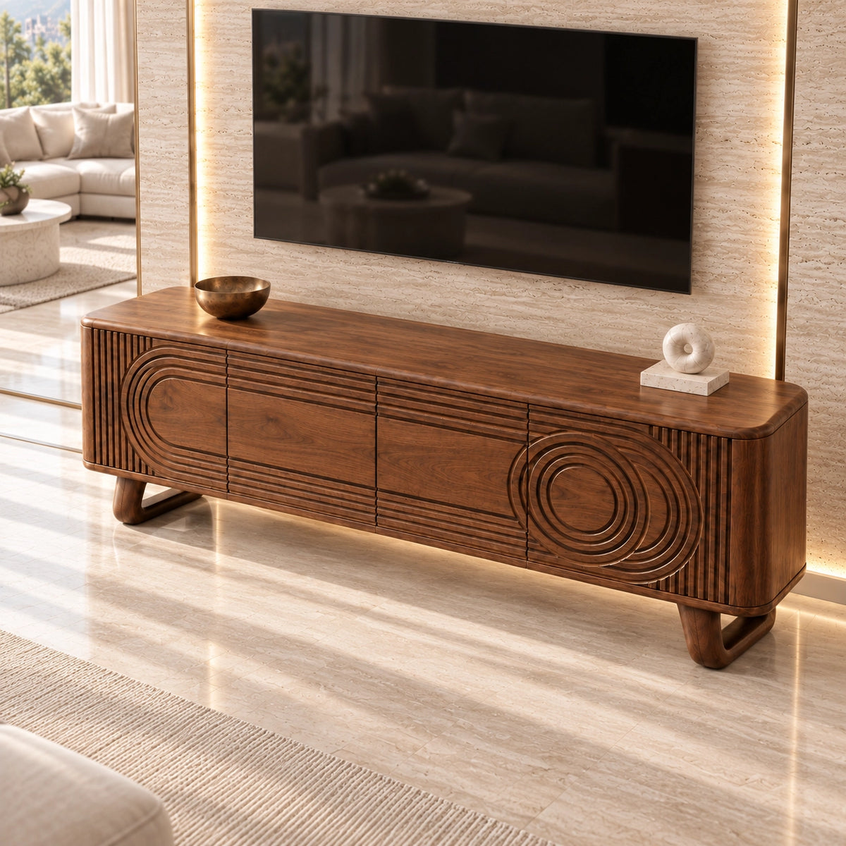 TV Stand with Concentric Carved Doors in Natural Solid Wood for Living - Rustiracraft - 4