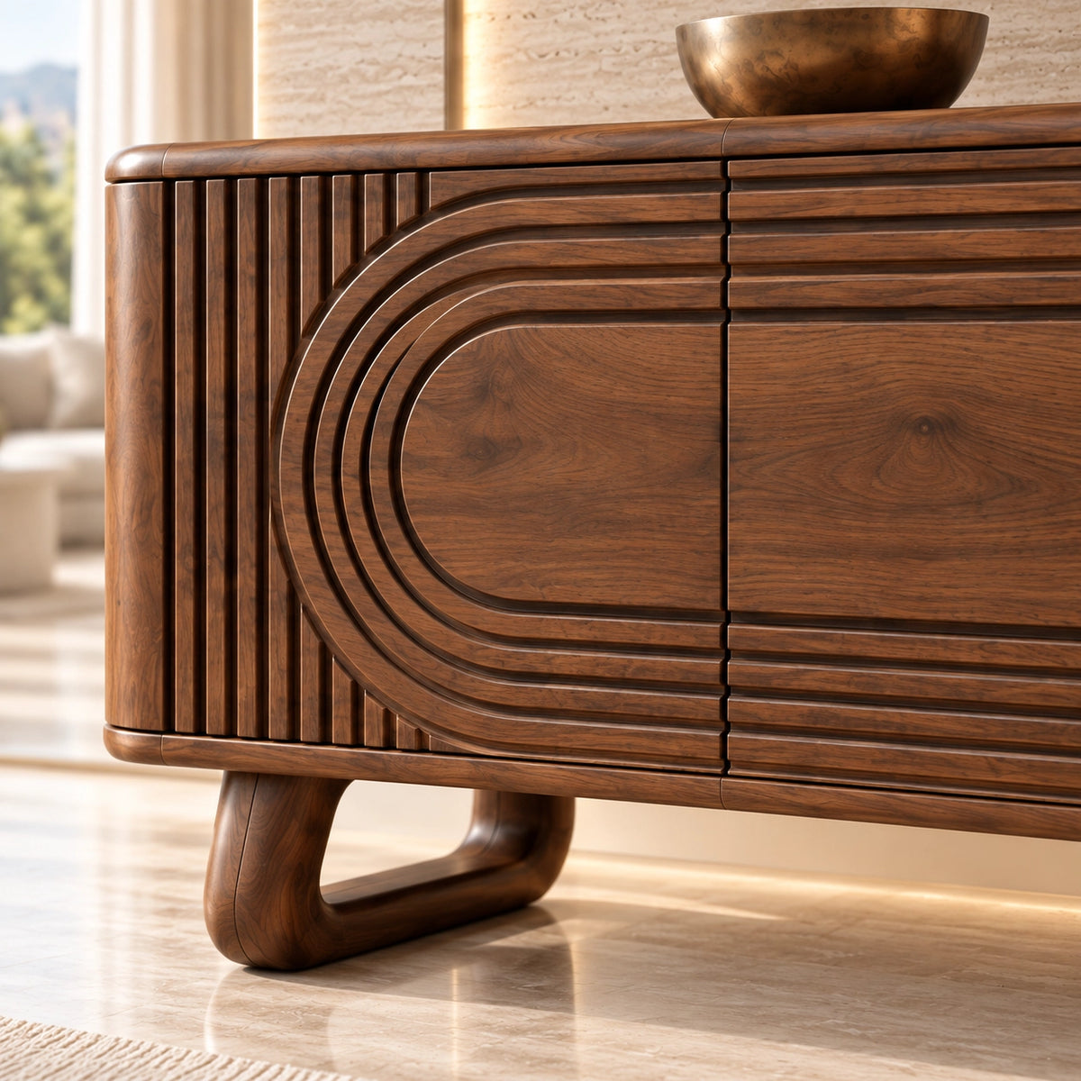 TV Stand with Concentric Carved Doors in Natural Solid Wood for Living - Rustiracraft - 5