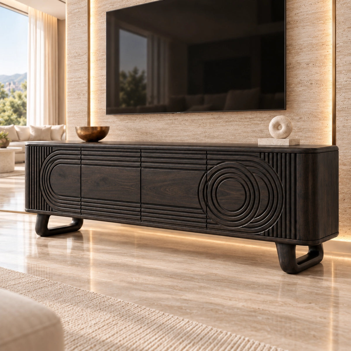 TV Stand with Concentric Carved Doors in Natural Solid Wood for Living - Rustiracraft - 7