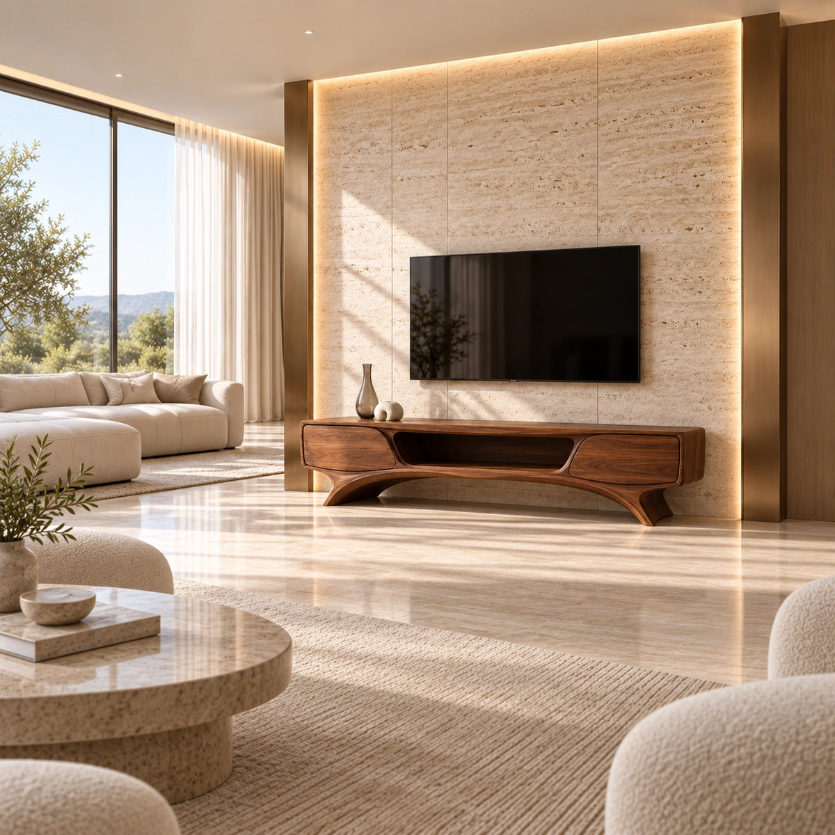 TV Stand with Curved Legs and Open Storage in Natural Solid Woods - Rustiracraft - 2