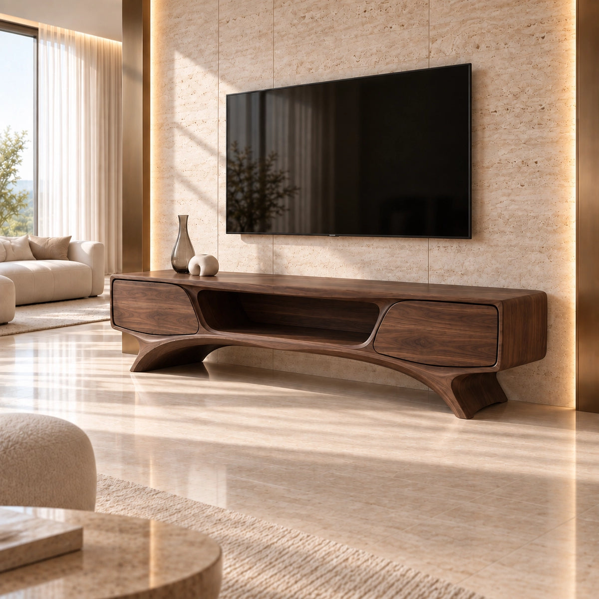 TV Stand with Curved Legs and Open Storage in Natural Solid Woods - Rustiracraft - 9