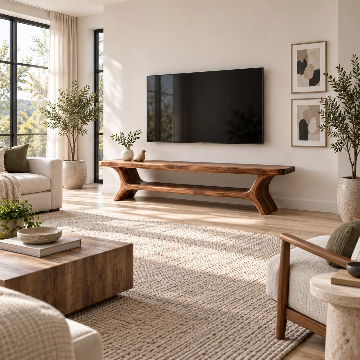 TV Stand with Curved Solid Wood Base in Natural Solid Wood for Living - Rustiracraft - 2