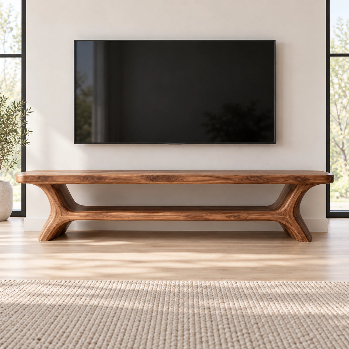 TV Stand with Curved Solid Wood Base in Natural Solid Wood for Living - Rustiracraft - 3