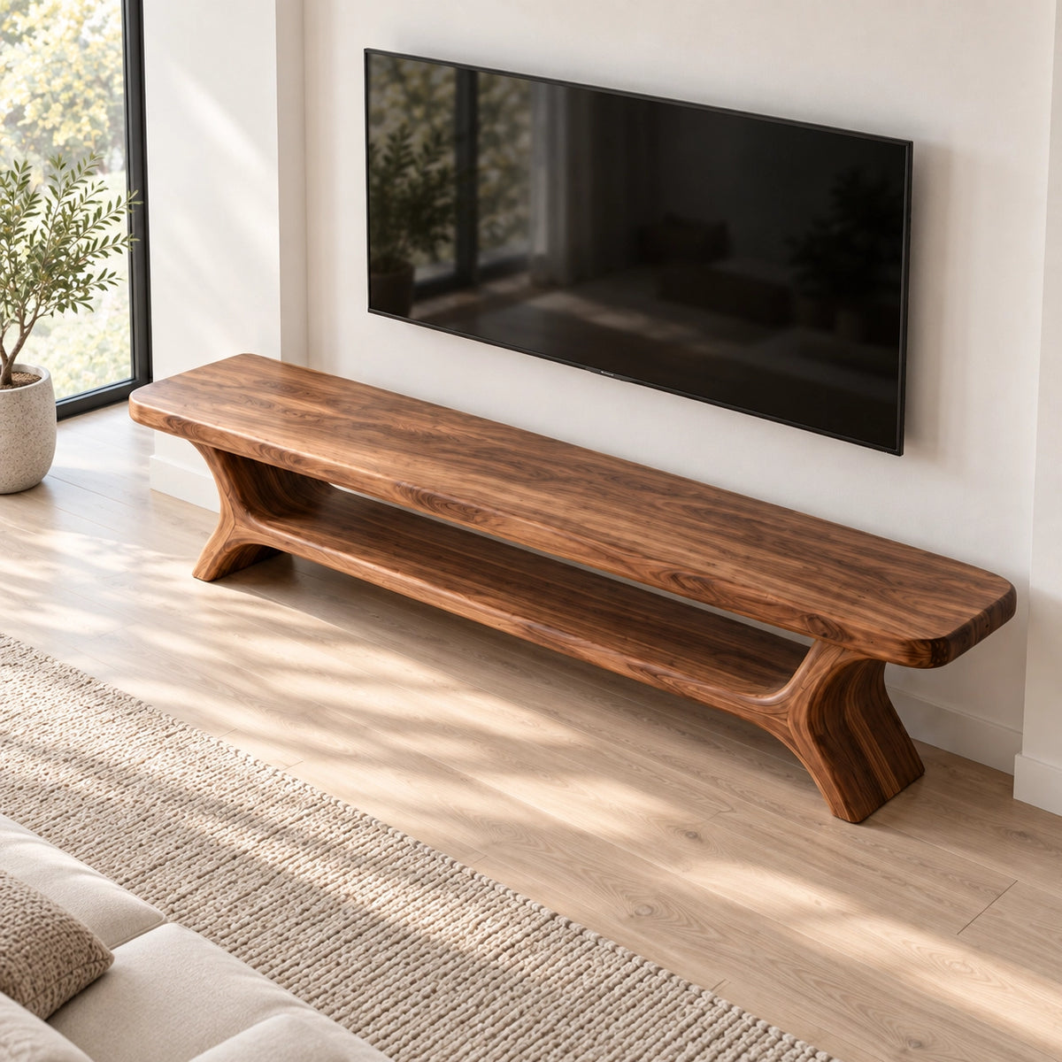 TV Stand with Curved Solid Wood Base in Natural Solid Wood for Living - Rustiracraft - 4