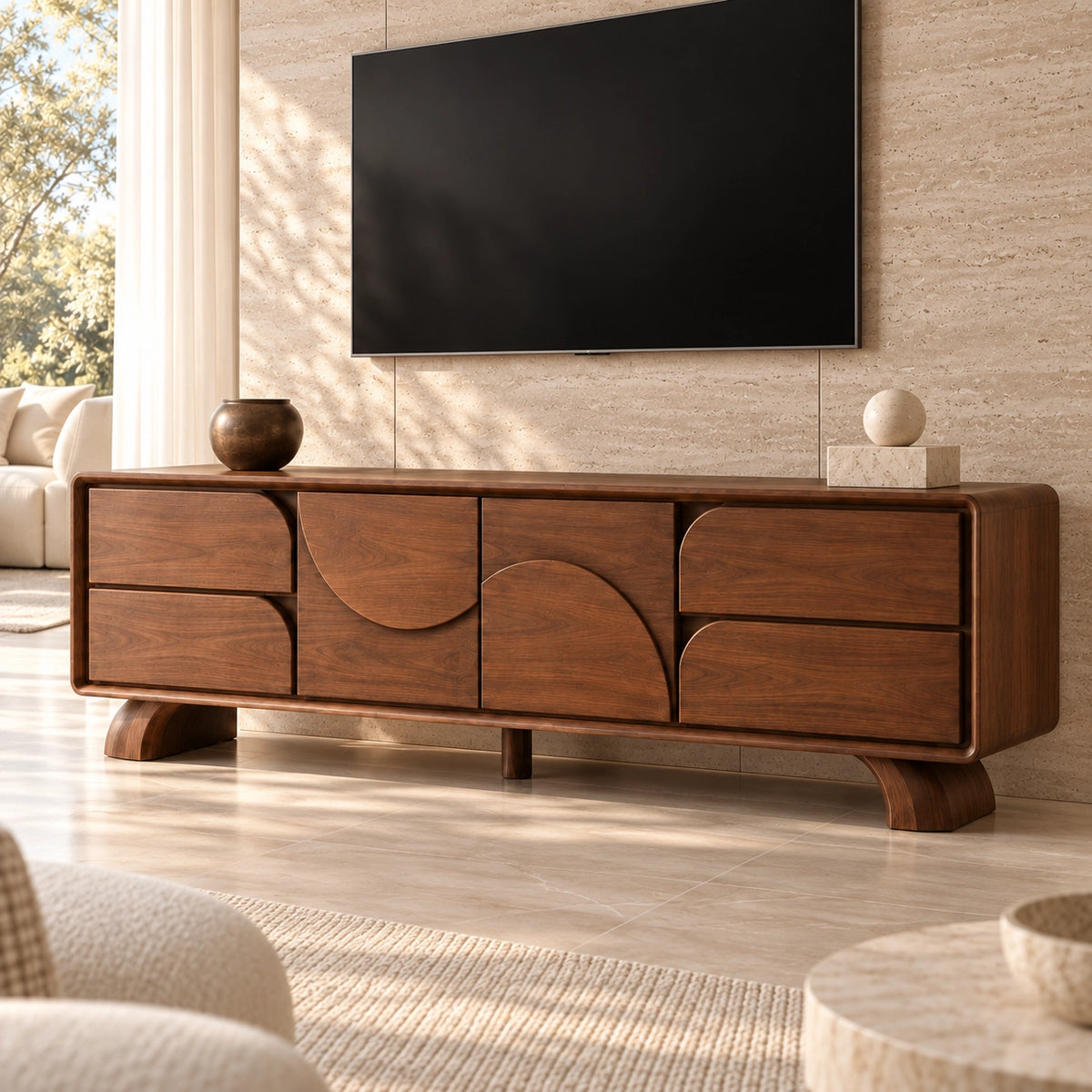 TV Stand with Curved Storage Compartments in Natural Solid Wood for Six Sizes - Rustiracraft - 1