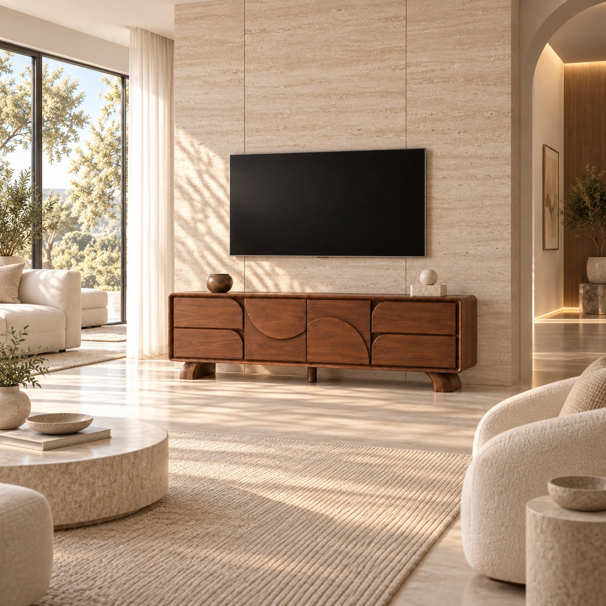 TV Stand with Curved Storage Compartments in Natural Solid Wood for Six Sizes - Rustiracraft - 2
