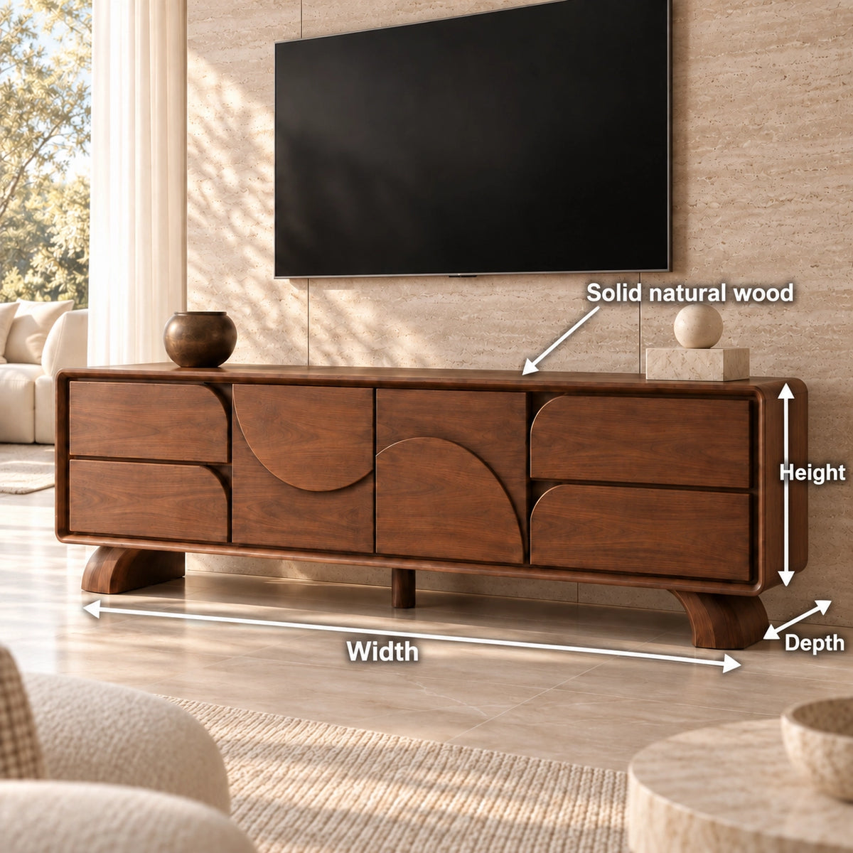 TV Stand with Curved Storage Compartments in Natural Solid Wood for Six Sizes - Rustiracraft - 6