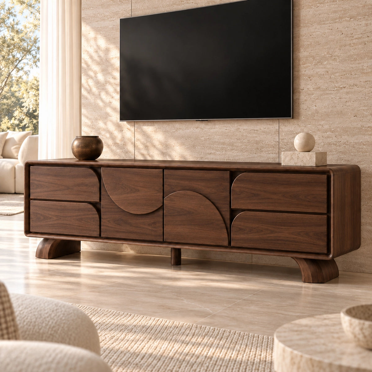 TV Stand with Curved Storage Compartments in Natural Solid Wood for Six Sizes - Rustiracraft - 9