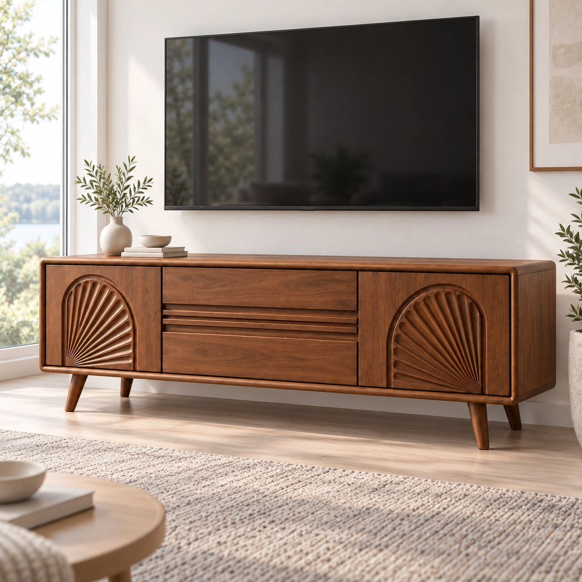 TV Stand with Fan-Carved Doors in Natural Solid Wood for Living Rooms - Rustiracraft - 1