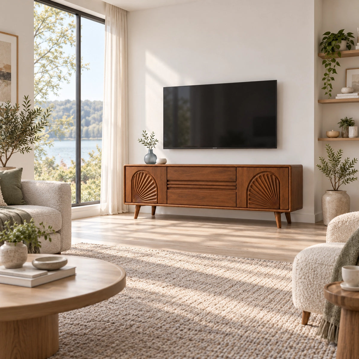 TV Stand with Fan-Carved Doors in Natural Solid Wood for Living Rooms - Rustiracraft - 2