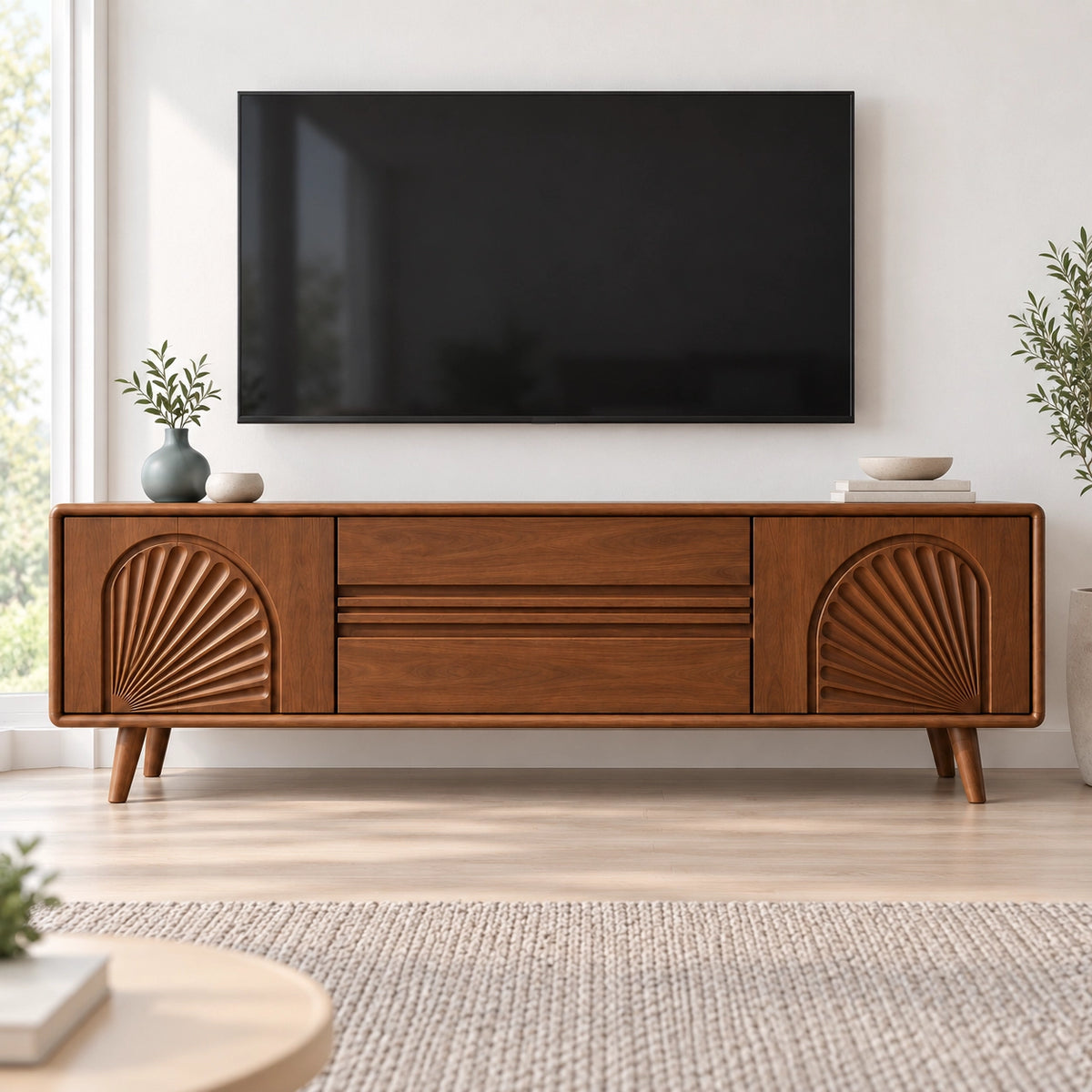 TV Stand with Fan-Carved Doors in Natural Solid Wood for Living Rooms - Rustiracraft - 3