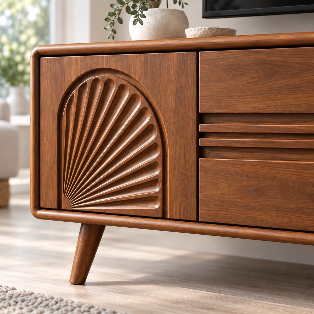 TV Stand with Fan-Carved Doors in Natural Solid Wood for Living Rooms - Rustiracraft - 5