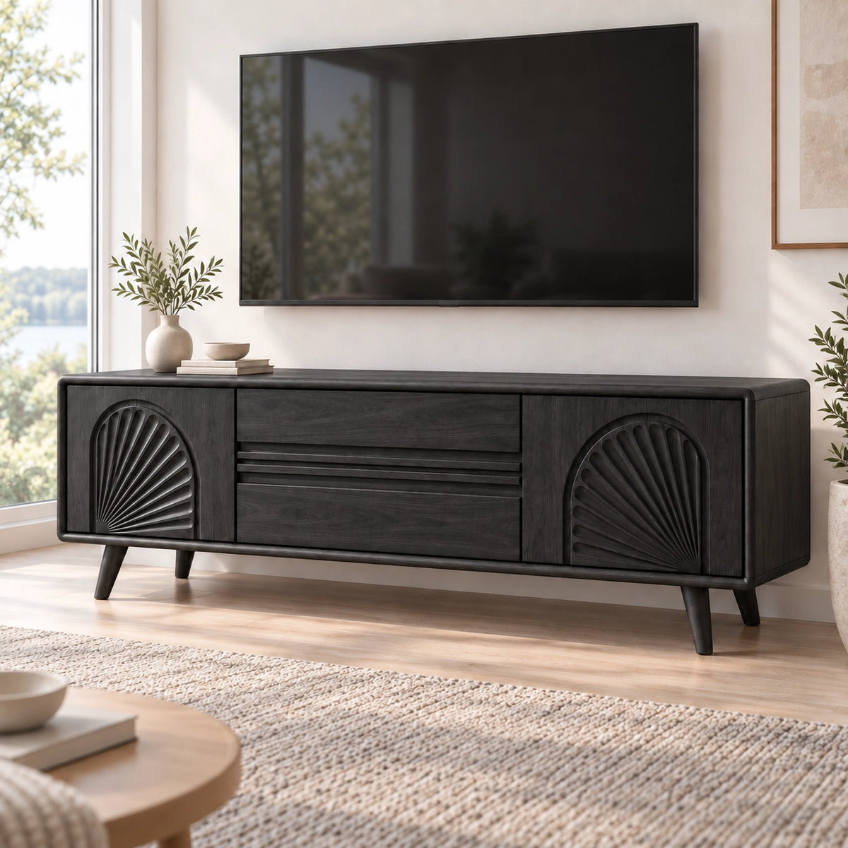 TV Stand with Fan-Carved Doors in Natural Solid Wood for Living Rooms - Rustiracraft - 7
