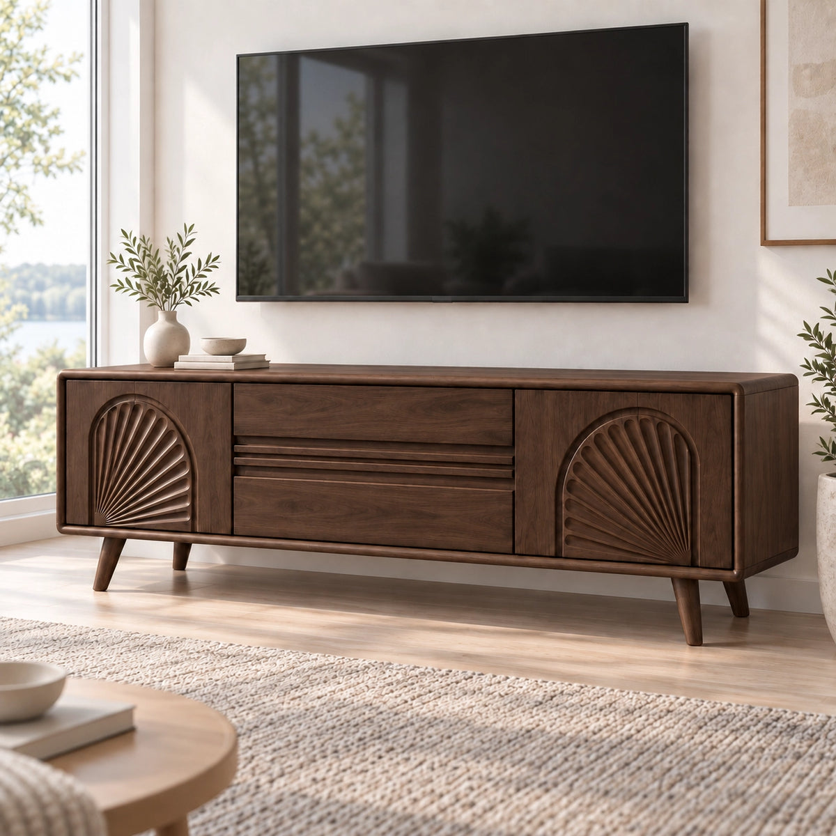 TV Stand with Fan-Carved Doors in Natural Solid Wood for Living Rooms - Rustiracraft - 9