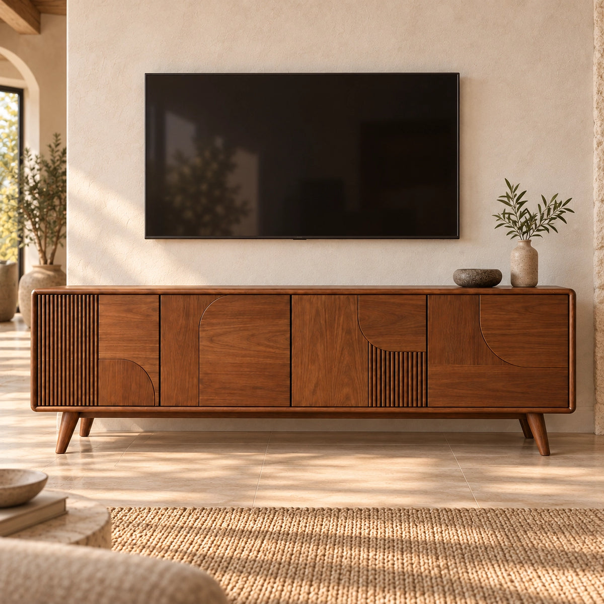 TV Stand with Fluted and Curved Natural Solid Wood Cabinet Doors. - Rustiracraft - 1