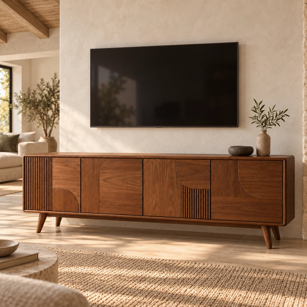 TV Stand with Fluted and Curved Natural Solid Wood Cabinet Doors. - Rustiracraft - 3