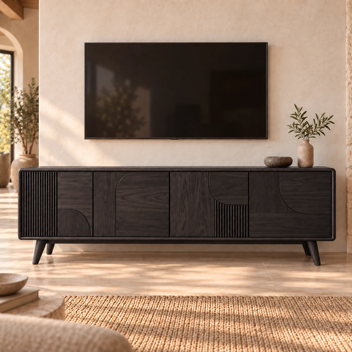 TV Stand with Fluted and Curved Natural Solid Wood Cabinet Doors. - Rustiracraft - 7