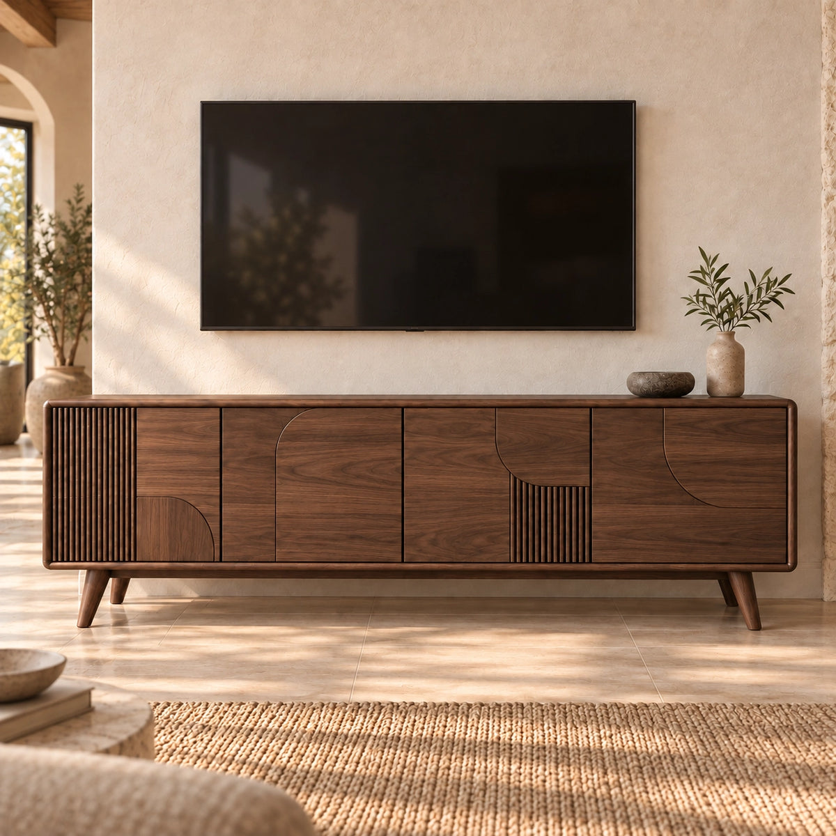 TV Stand with Fluted and Curved Natural Solid Wood Cabinet Doors. - Rustiracraft - 9