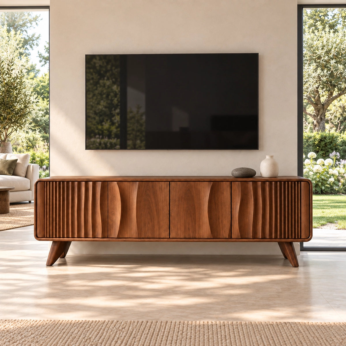 TV Stand with Fluted and Curved Natural Solid Wood Design in Six Sizes - Rustiracraft - 3