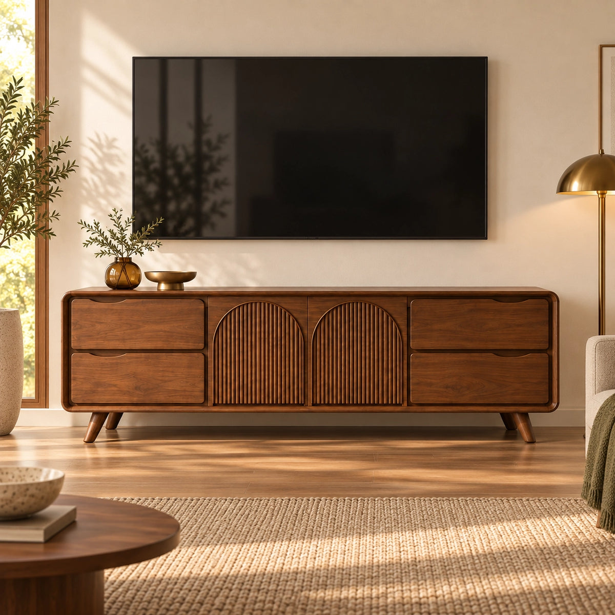 TV Stand with Fluted Arched Cabinet Doors in Natural Solid Wood for Living - Rustiracraft - 3