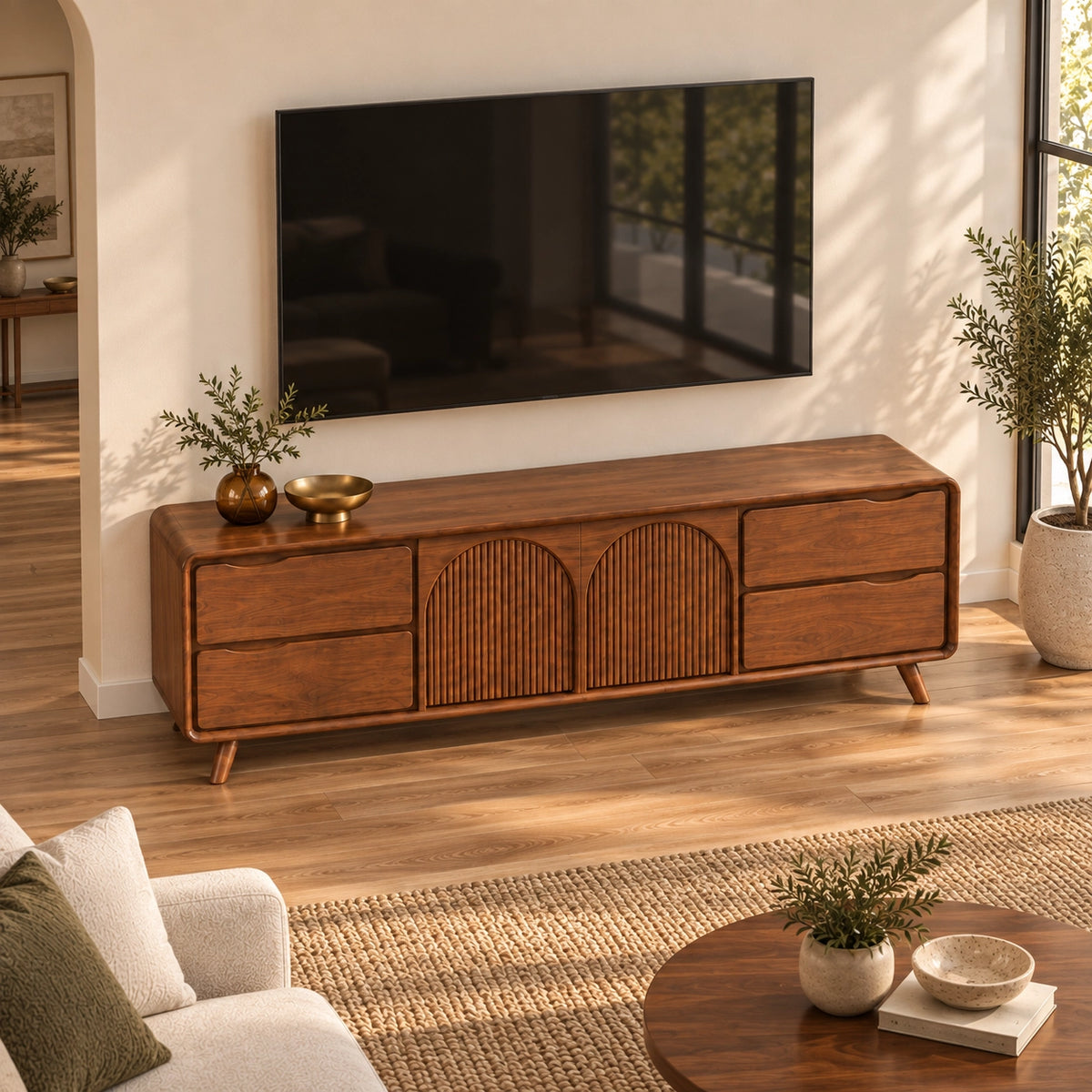 TV Stand with Fluted Arched Cabinet Doors in Natural Solid Wood for Living - Rustiracraft - 4