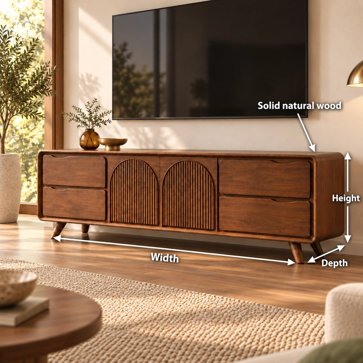 TV Stand with Fluted Arched Cabinet Doors in Natural Solid Wood for Living - Rustiracraft - 6