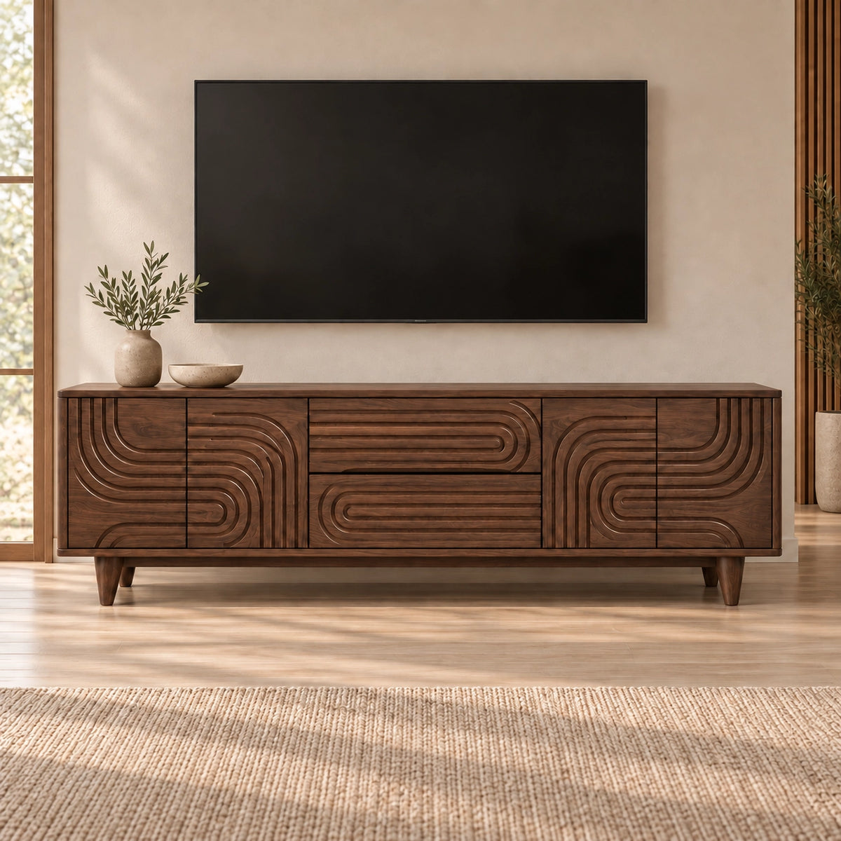 TV Stand with Geometric Carved Doors in Natural Solid Wood for Living - Rustiracraft - 10