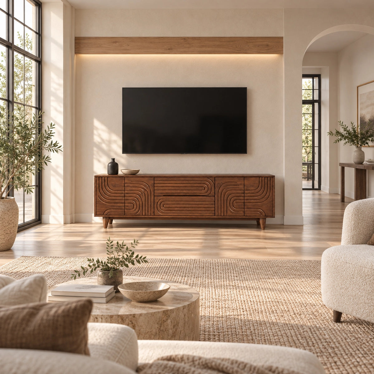 TV Stand with Geometric Carved Doors in Natural Solid Wood for Living - Rustiracraft - 2